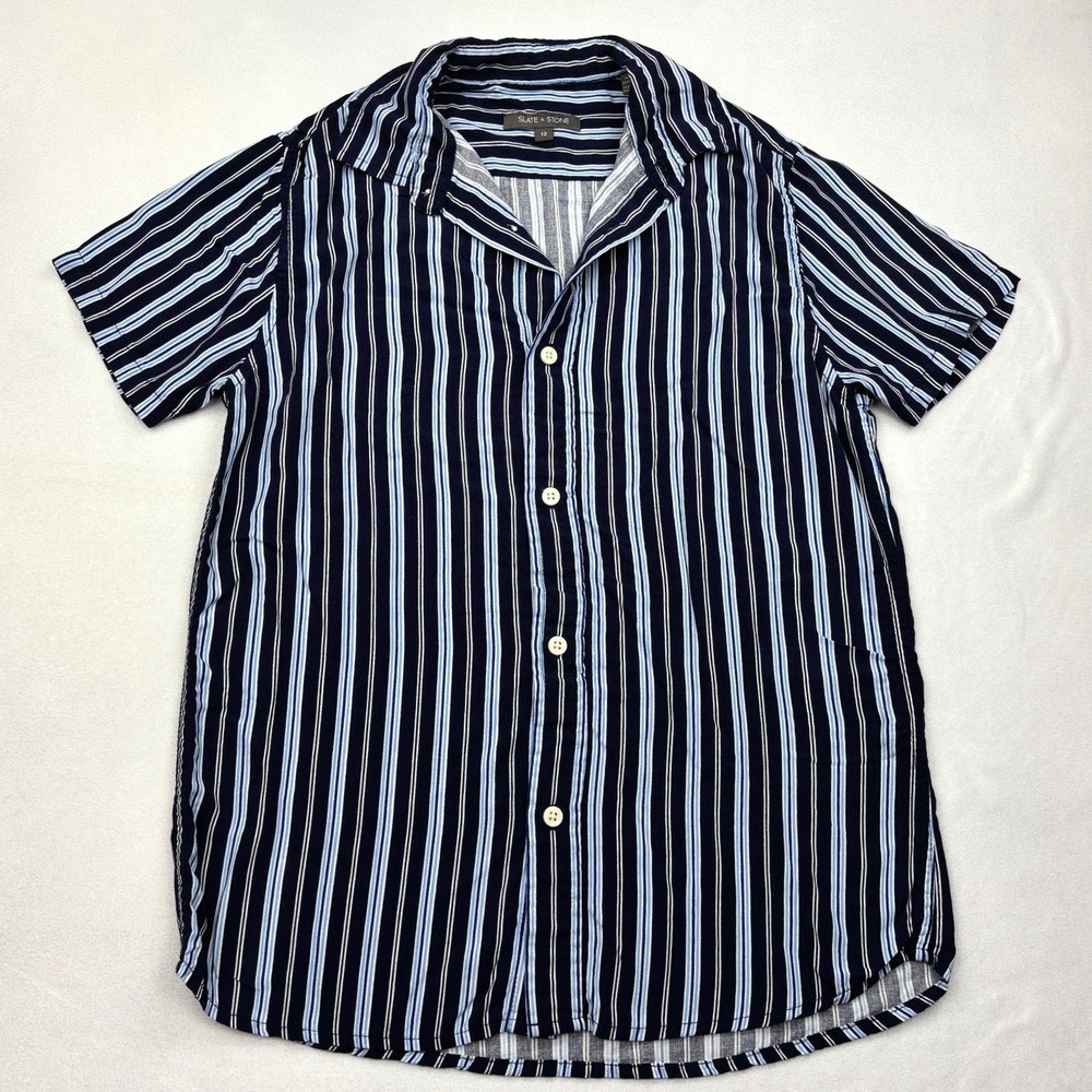 Slate and Stone Boys Size 12 Navy Blue Striped Short Sleeve Viscose Resort Shirt